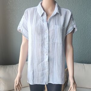 Women's Light Blue Striped Button-Down Shirt - Casual Collared Top